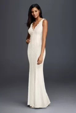 Allover Lace V-Neck Sheath Wedding Dress
