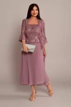 Tea-Length Lace And Chiffon A-Line Jacket Dress