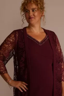 Short Beaded V-Neck Dress With Sheer Sleeve Jacket -Bridal Shop 29258 MCRANBERRY MOB PROD7 1597