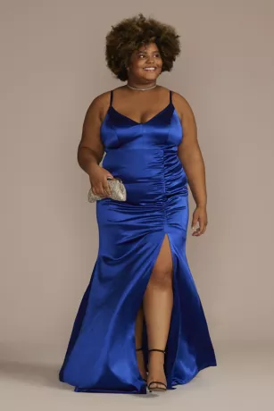 Stretch Satin Long Ruched Dress With Slit 1 Stretch Satin Long Ruched Dress With Slit