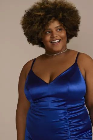 Stretch Satin Long Ruched Dress With Slit 3 Stretch Satin Long Ruched Dress With Slit - Image 3