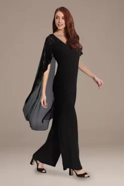 Chiffon And Crepe Jumpsuit With Beaded Cape