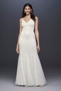 Beaded Sheath V-Neck Dress With Godets