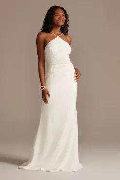 Beaded Stretch Crepe Halter Sheath Wedding Dress