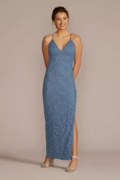 Glitter Stretch Lace V-Neck Sheath Gown
