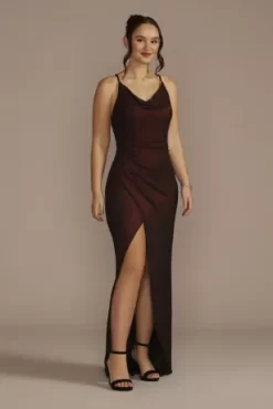 Cowl Neck Metallic Glitter Knit Sheath With Slit