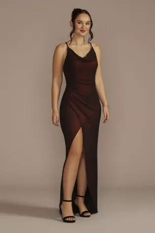 Cowl Neck Metallic Glitter Knit Sheath With Slit 1 Cowl Neck Metallic Glitter Knit Sheath With Slit