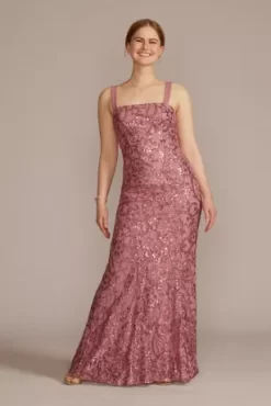 Square Neck Long Lace Dress With Illusion Waist