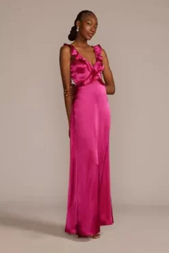 Floor Length Ruffle Charmeuse Gown