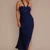 Metallic Halter Sheath Dress With Bodice Cutout