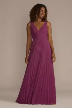 Floor Length V-Neck Pleated Chiffon A-Line Dress