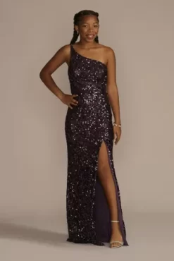One-Shoulder Shimmer Sequin Floor Length Gown