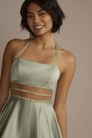 Charmeuse Halter A-line With Beaded Illusion Waist 3 Charmeuse Halter A-line With Beaded Illusion Waist - Image 3