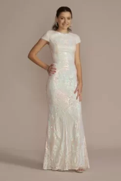 Cap Sleeve Iridescent Patterned Sequin Sheath