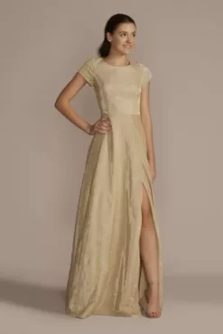 Glitter Metallic High Neck Cap Sleeve A-Line