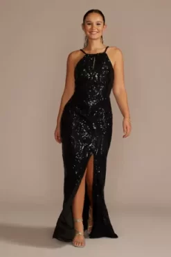 High Neck Keyhole Patterned Sequin Sheath