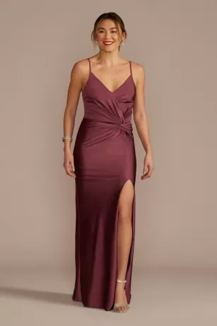 Twist Front Stretch Satin Sheath Dress With Slit 1 Twist Front Stretch Satin Sheath Dress With Slit