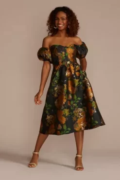 Brocade Off-the-Shoulder Puff Sleeve A-Line