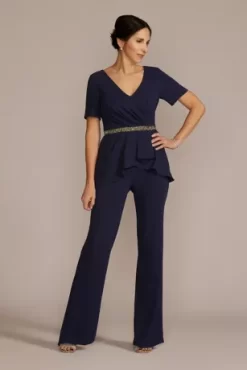 Embellished Waist Crepe Jumpsuit With Peplum