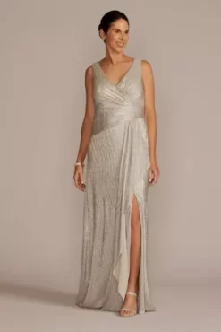 V-Neck Metallic Sheath Gown With Skirt Slit