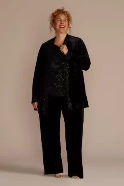 Plus Size Long Sleeve Velvet Sequin Pantsuit