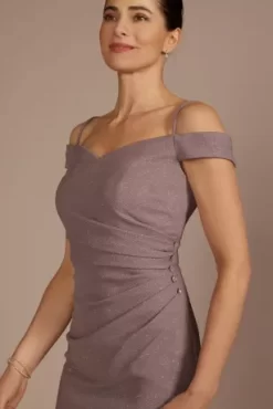 Short Off-the-Shoulder Glitter Knit Sheath -Bridal Shop D40NY23280V1 MAUVE MOB PROD3 089