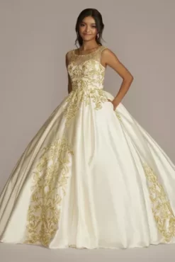 Illusion Cap Sleeve Pleated Quince Ball Gown