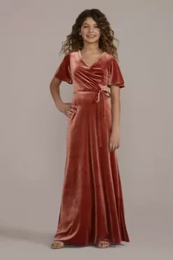 Velvet Flutter Sleeve Junior Bridesmaid Dress