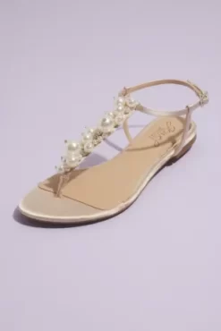 Pearl Bauble Satin T-Strap Flat Sandals
