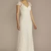 Cap Sleeve V-Neck Beaded Lace Sheath Wedding Dress