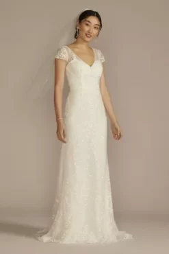 Cap Sleeve V-Neck Beaded Lace Sheath Wedding Dress