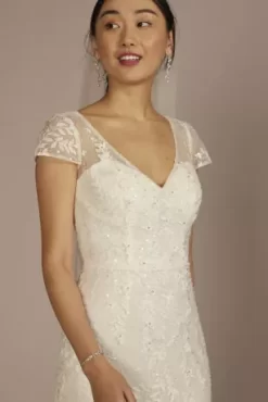 Cap Sleeve V-Neck Beaded Lace Sheath Wedding Dress -Bridal Shop MS251268 SOLIDIVORY MS PROD3 062