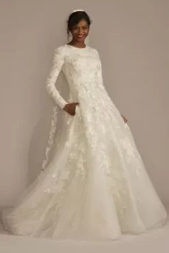 Beaded Lace Long Sleeve Modest Wedding Dress