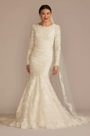 Lace Long Sleeve Mermaid Modest Wedding Dress 1 Lace Long Sleeve Mermaid Modest Wedding Dress