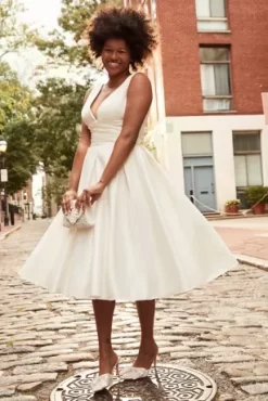 Satin V-Neck Tea Length A-Line Dress -Bridal Shop SDWG0970 1 PDP Crop JAN21 1920x2880
