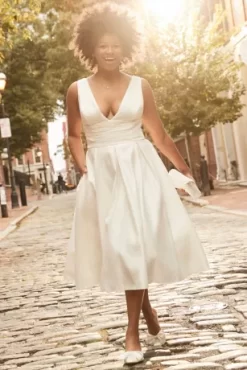 Satin V-Neck Tea Length A-Line Dress -Bridal Shop SDWG0970 2 PDP Crop JAN21 1920x2880