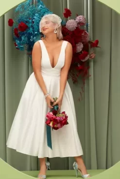 Satin V-Neck Tea Length A-Line Dress -Bridal Shop SDWG0970 2 PDP Crop JUNE15 1920x2880