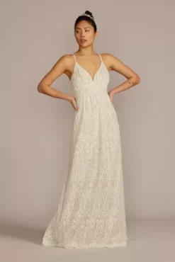 Allover Lace V-Neck Wedding Dress With Open Back