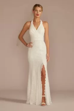 Allover Lace Halter Neck Sheath Wedding Dress