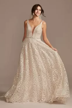 Geometric Sequin Illusion Plunge Wedding Dress