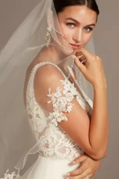 Lace Applique Pearl Scalloped Mid-Length Veil -Bridal Shop V539 MIVORY VLS OM PROD9 113