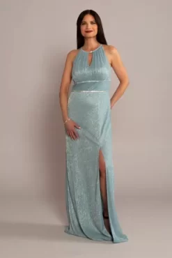 High-Neck Glitter A-Line Gown With Keyholes