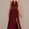 Halter Jersey Knit Gown With Rhinestone Waist