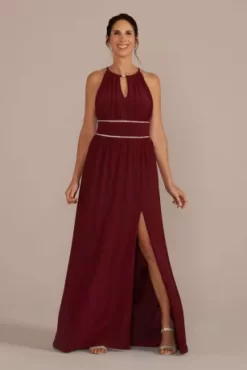 Halter Jersey Knit Gown With Rhinestone Waist
