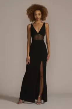 Floor Length Crepe Gown With Beaded Mesh Detail
