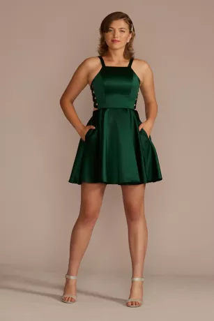 High Neck Short Satin A-Line Dress With Cutouts 1 High Neck Short Satin A-Line Dress With Cutouts