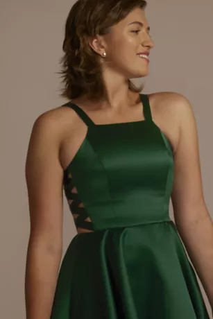 High Neck Short Satin A-Line Dress With Cutouts 3 High Neck Short Satin A-Line Dress With Cutouts - Image 3