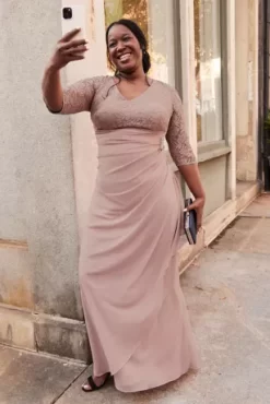 Three-Quarter Sleeve Lace And Mesh Sheath Dress -Bridal Shop WBM3659 1 PDP Crop FEB6 1920x2880