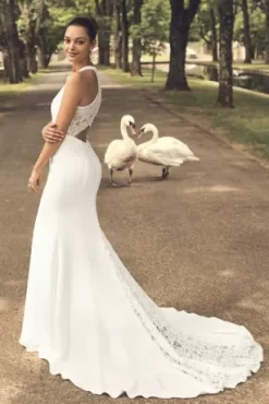 Sheer Back Crepe Wedding Dress With Lace Train 16 Sheer Back Crepe Wedding Dress With Lace Train -Bridal Shop WG3989 1 PDP Crop 1920x2880