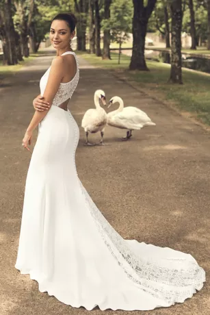 Sheer Back Crepe Wedding Dress With Lace Train 6 Sheer Back Crepe Wedding Dress With Lace Train - Image 6